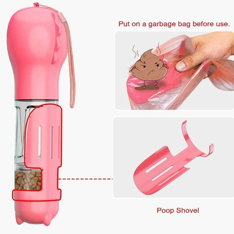 Garrafa de água cor-de-rosa Leakproof portátil do cão 4 In1 com recipiente de alimento &amp; saco do desperdício