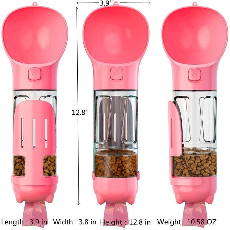 Garrafa de água cor-de-rosa Leakproof portátil do cão 4 In1 com recipiente de alimento &amp; saco do desperdício