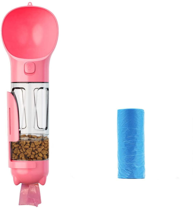 Garrafa de água cor-de-rosa Leakproof portátil do cão 4 In1 com recipiente de alimento &amp; saco do desperdício
