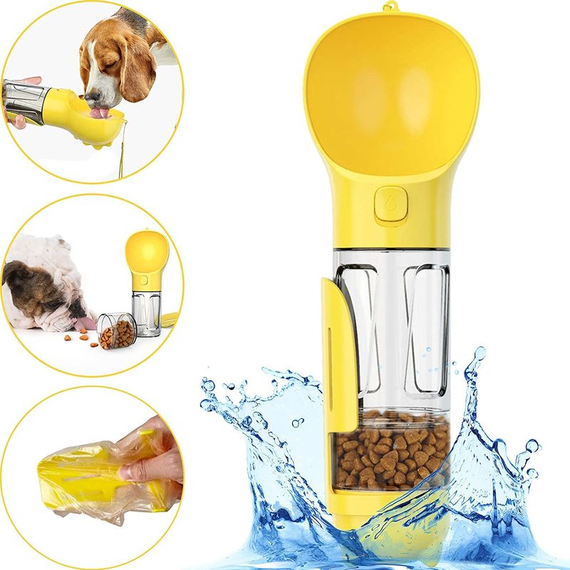 2 multifuncionais em 1 garrafa de água portátil do cachorrinho do cão com os sacos de lixo da pá da caixa do alimento