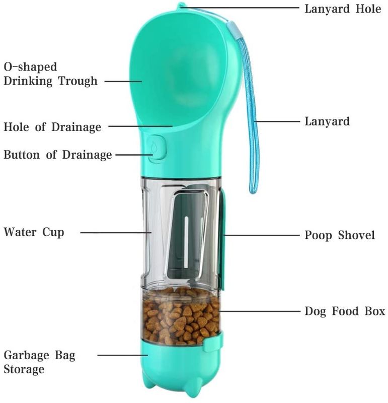 Mutifunctional 4 em 1 garrafa de água portátil 300ML do cachorrinho para o passeio e o curso