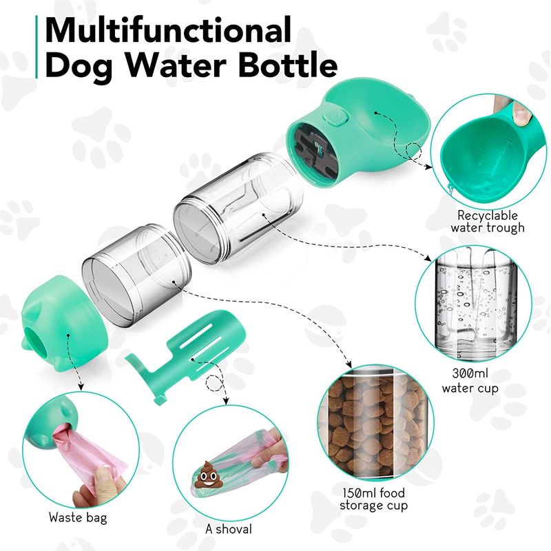 Mutifunctional 4 em 1 garrafa de água portátil 300ML do cachorrinho para o passeio e o curso